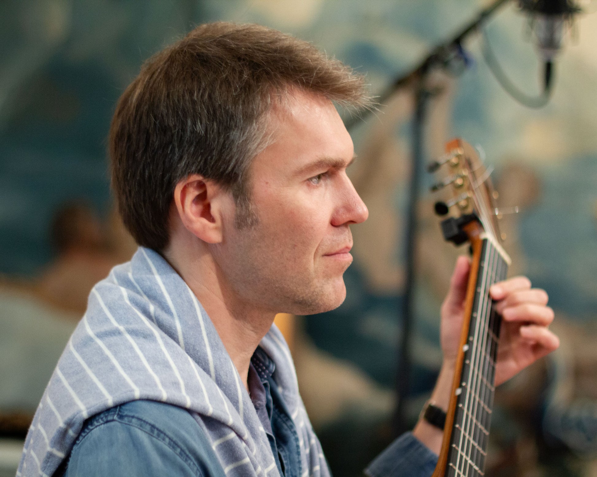 Michal Nagy playing guitar at the recording sessions of the Hirundo Maris album "The Wind Rose" for Carpe Diem Records
