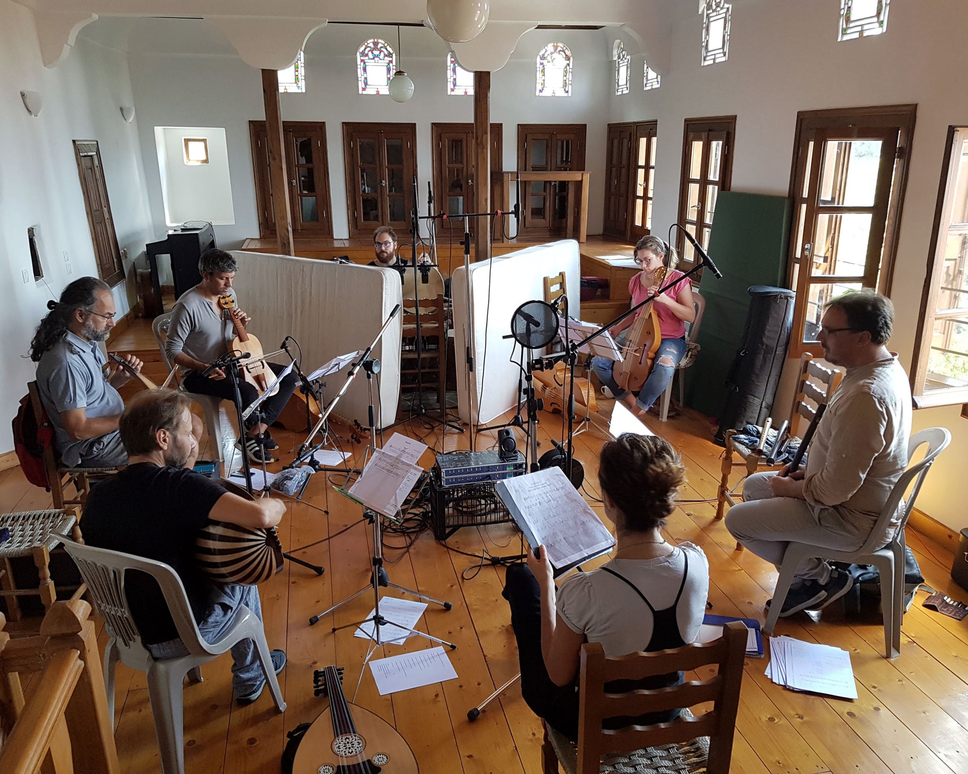 Ensemble Ex Silentio at the recording sessions for "Lethe" in an improvised recording studio in Agios Laurentius, Greece. 