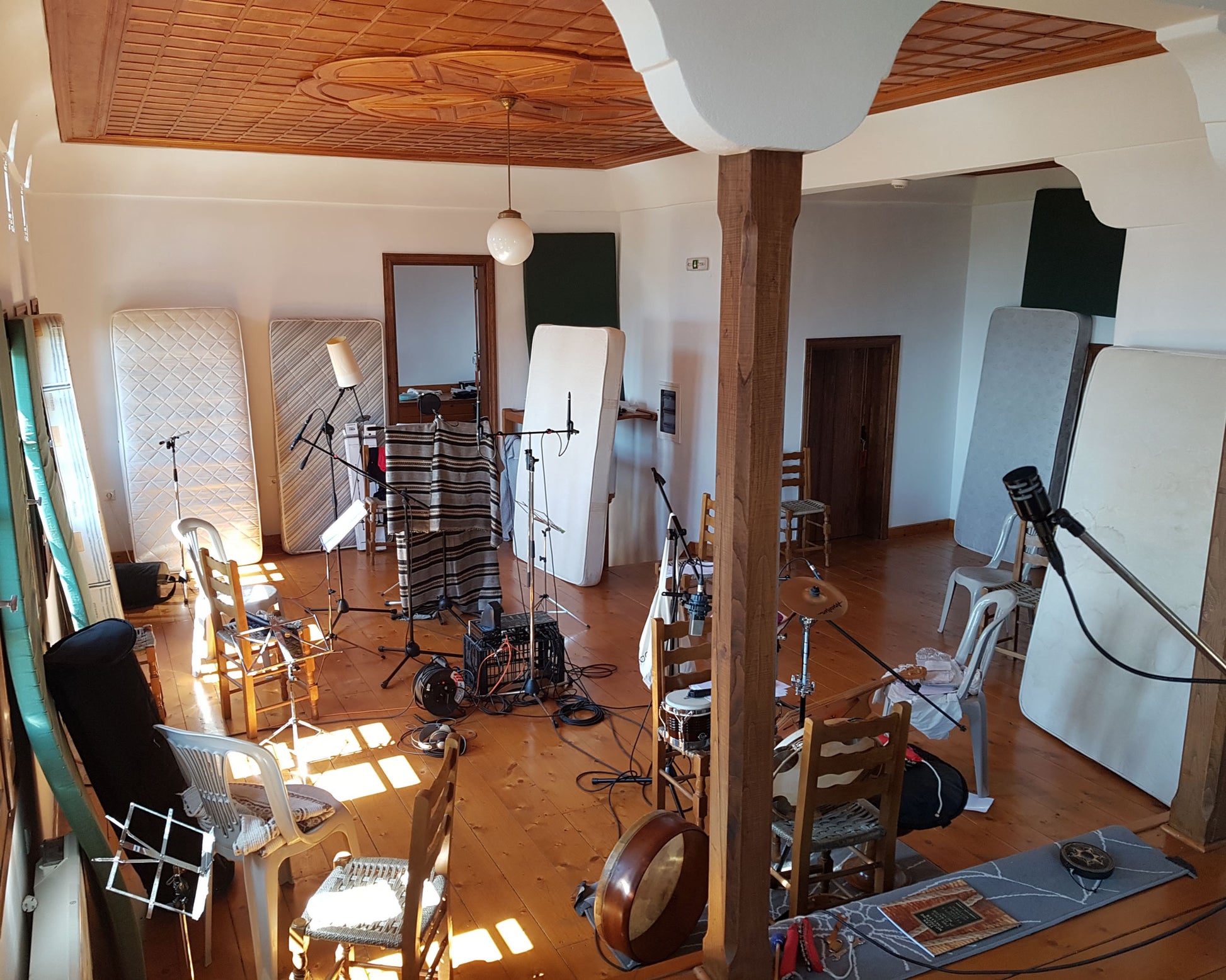 Recording setup for "Lethe" in an improvised recording studio in Agios Laurentius, Greece. 