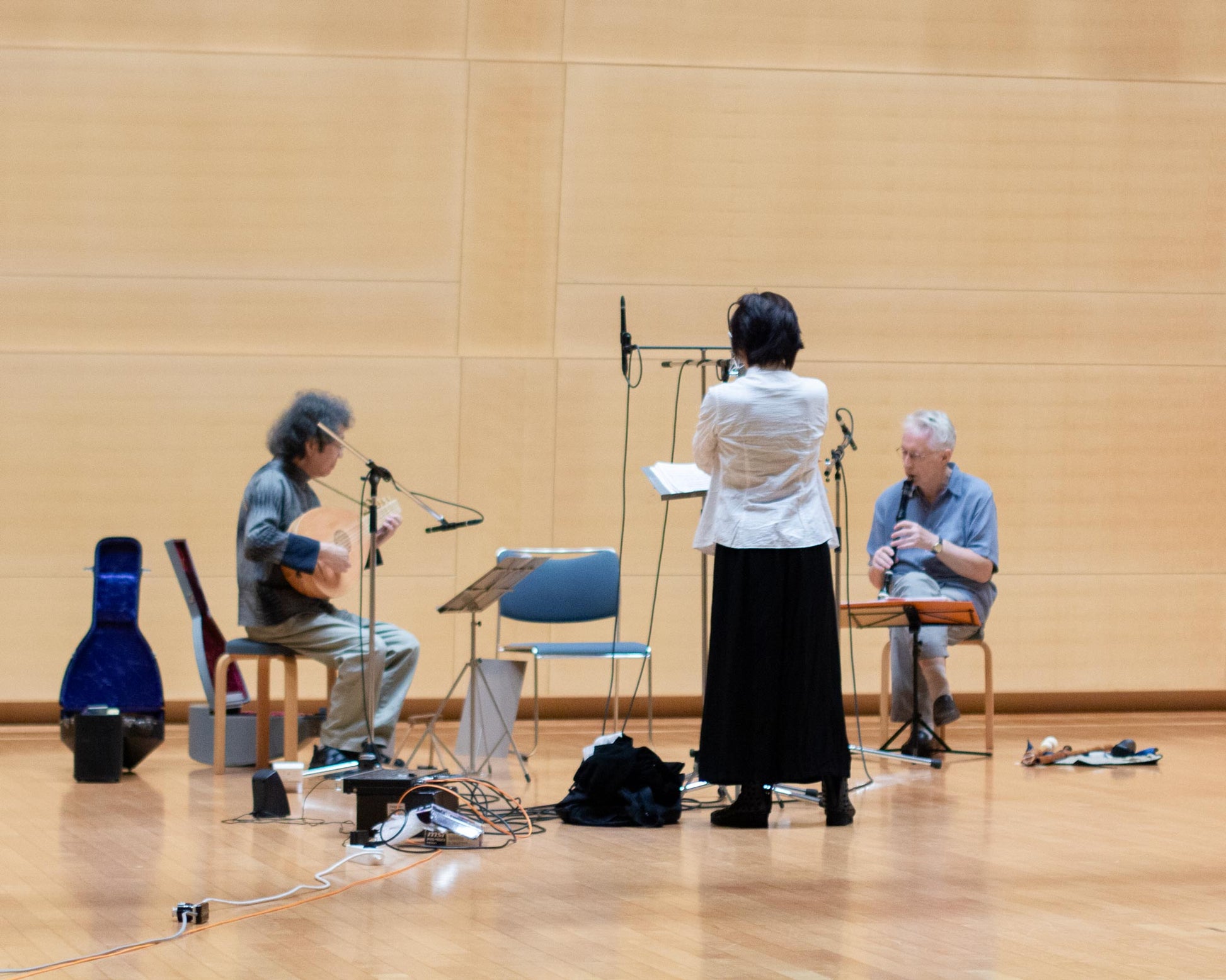 Three musicians, Chiyomi Yamada, Toyohiko Satoh and Walter van Hauwe at the recording sessions for the album "Yugen" for Carpe Diem Records, in Kirishima, Japan. 