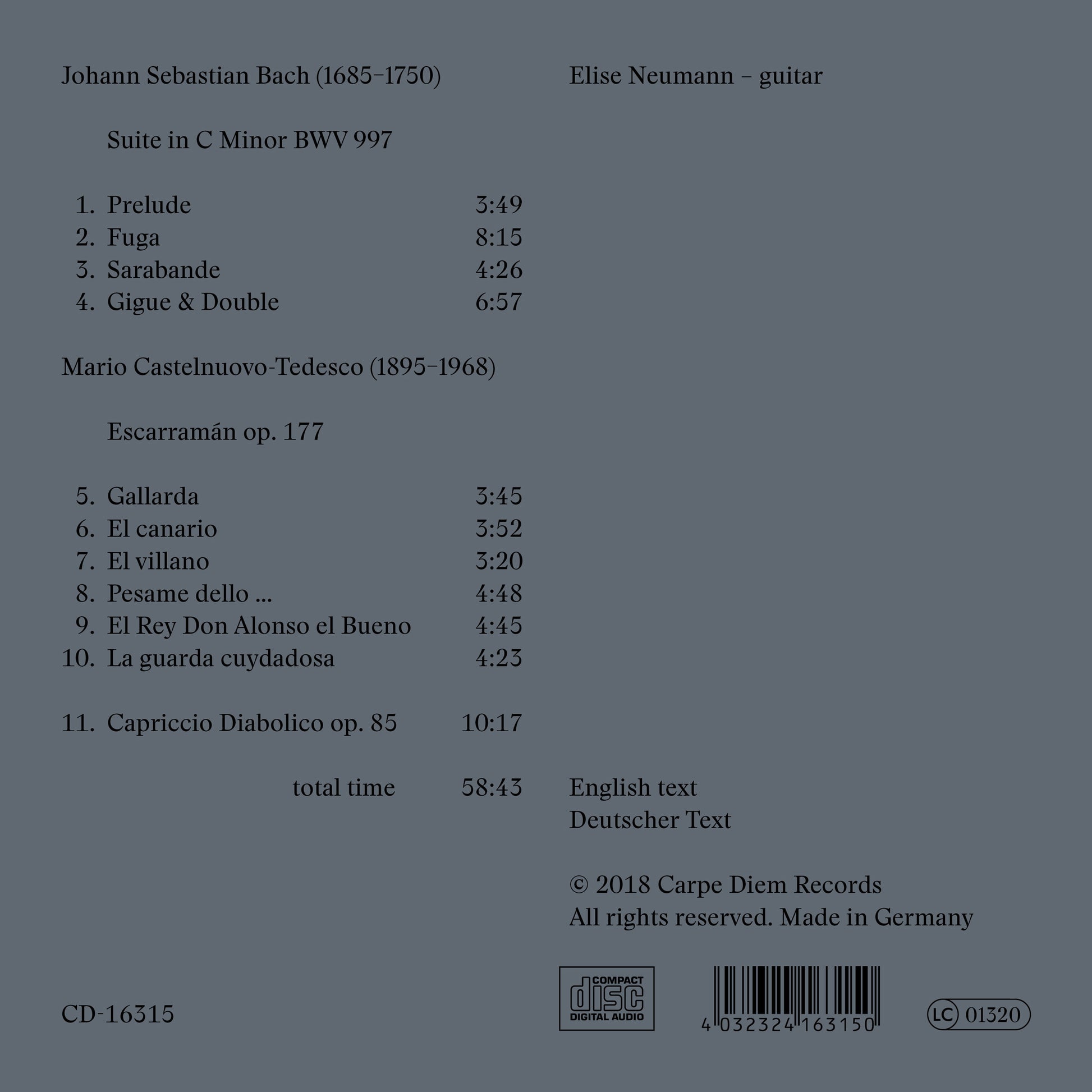 album backcover of Bach & Castelnuovo-Tedesco: Guitar Music by Elise Neumann