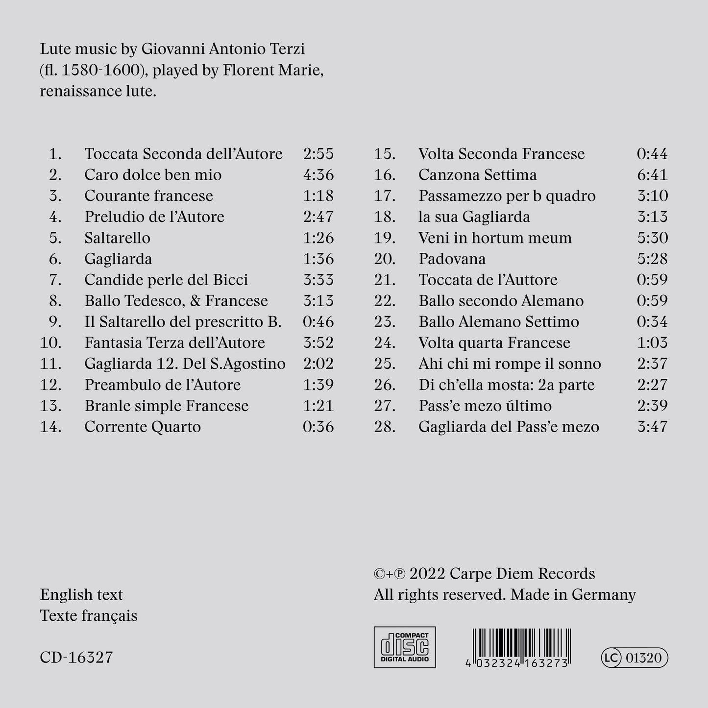 Back cover of the album "Terzi - lute music", saying "Lute music by Giovanni Antonio Terzi (1580-1600), played by Florent Marie, renaissance lute