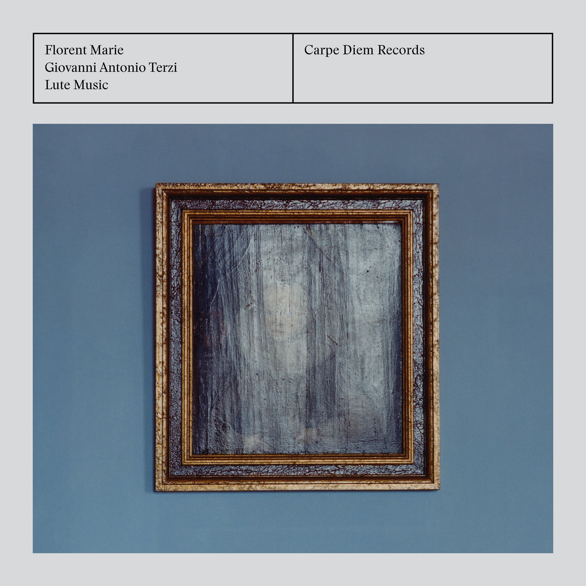 Album cover of "Terzi - lute music" by Florent Marie with a framed painting on a blue background.