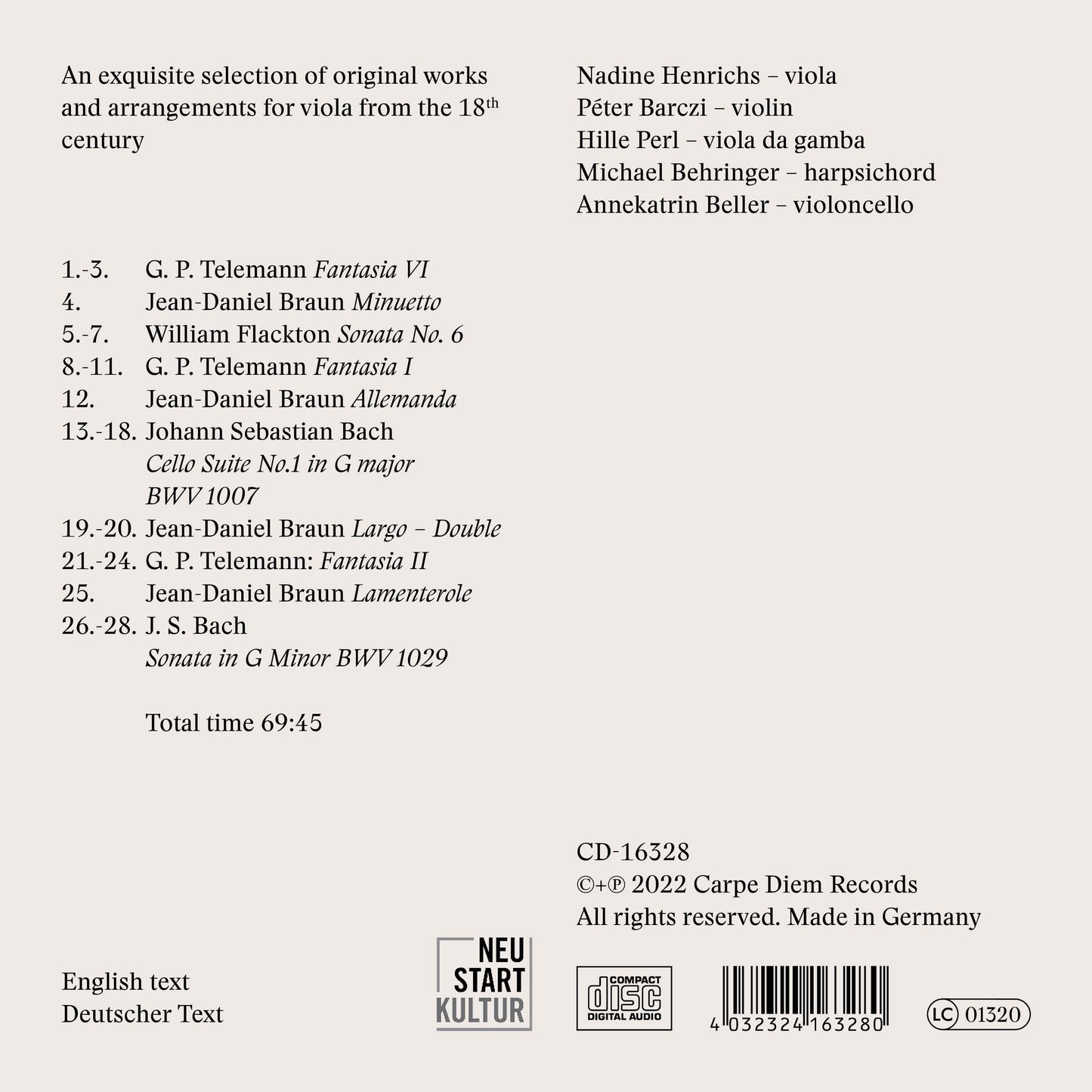 Back cover of "Delicacy" by Nadine Henrichs saying "An exquisite selection of original works and arrangements for viola from the 18th century"