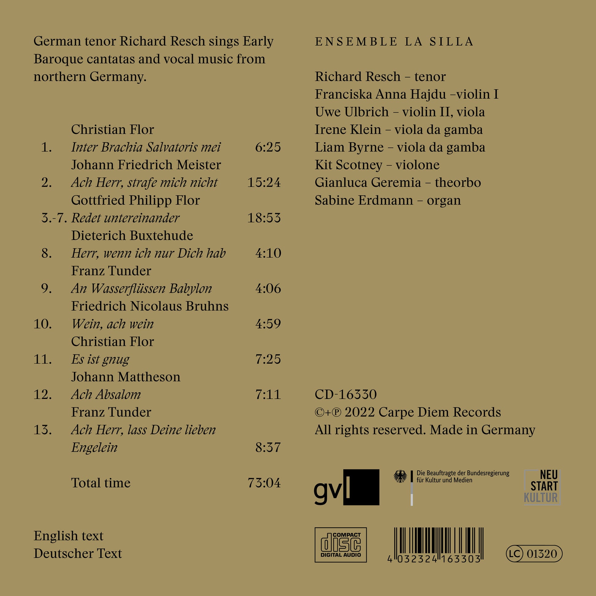 Back cover of the album "Wenn ich nur Dich hab" by Richard Resch and ensemble La Silla, saying: German tenor Richard Resch sings Early Baroque cantatas and vocal music from northern Germany". 