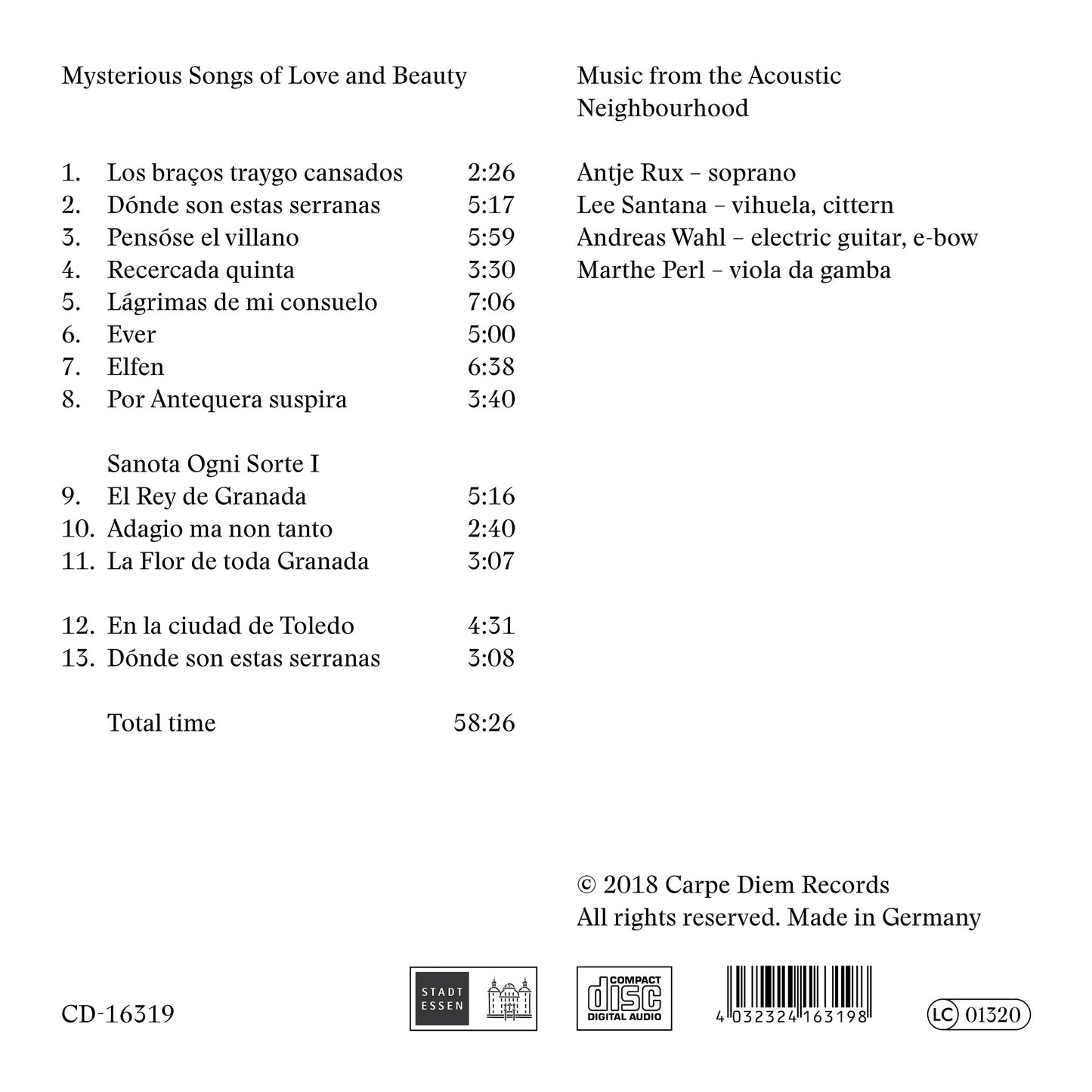 album backcover of Donde son esta serranas by Lee Santana and Music from the Acoustic Neighbourhood