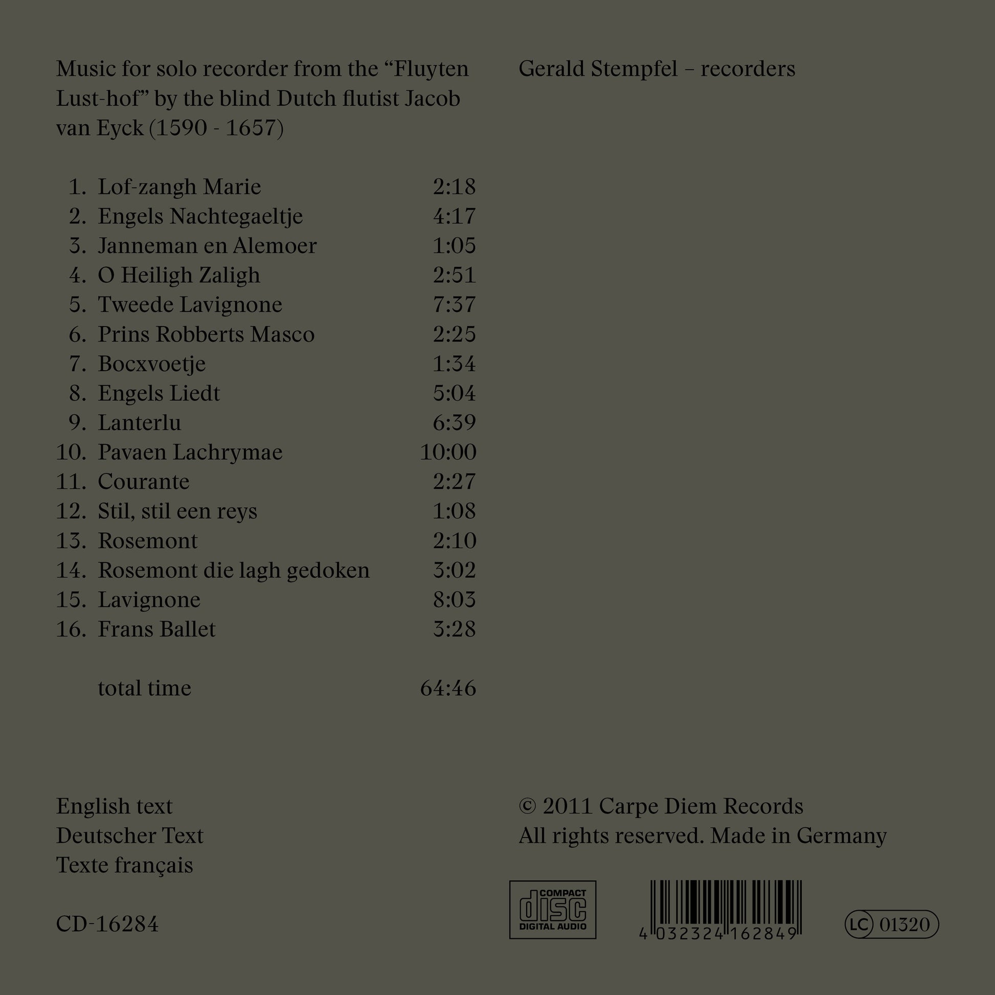 album backcover of Engels Liedt by Gerald Stempfel (recorder)