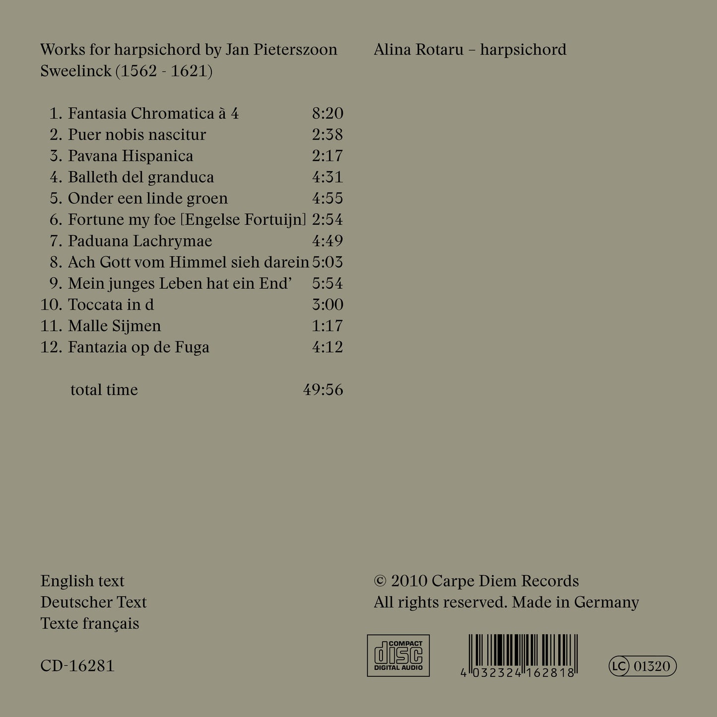 Album back cover of "Fortune My Foe" by Alina Rotaru (harpsichord)