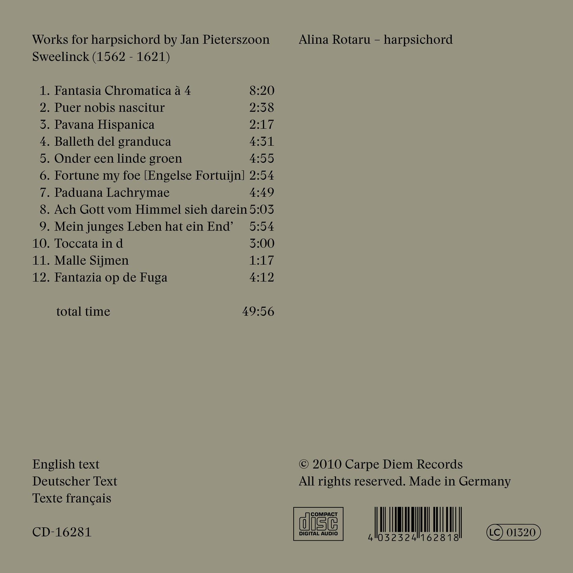 Album back cover of "Fortune My Foe" by Alina Rotaru (harpsichord)