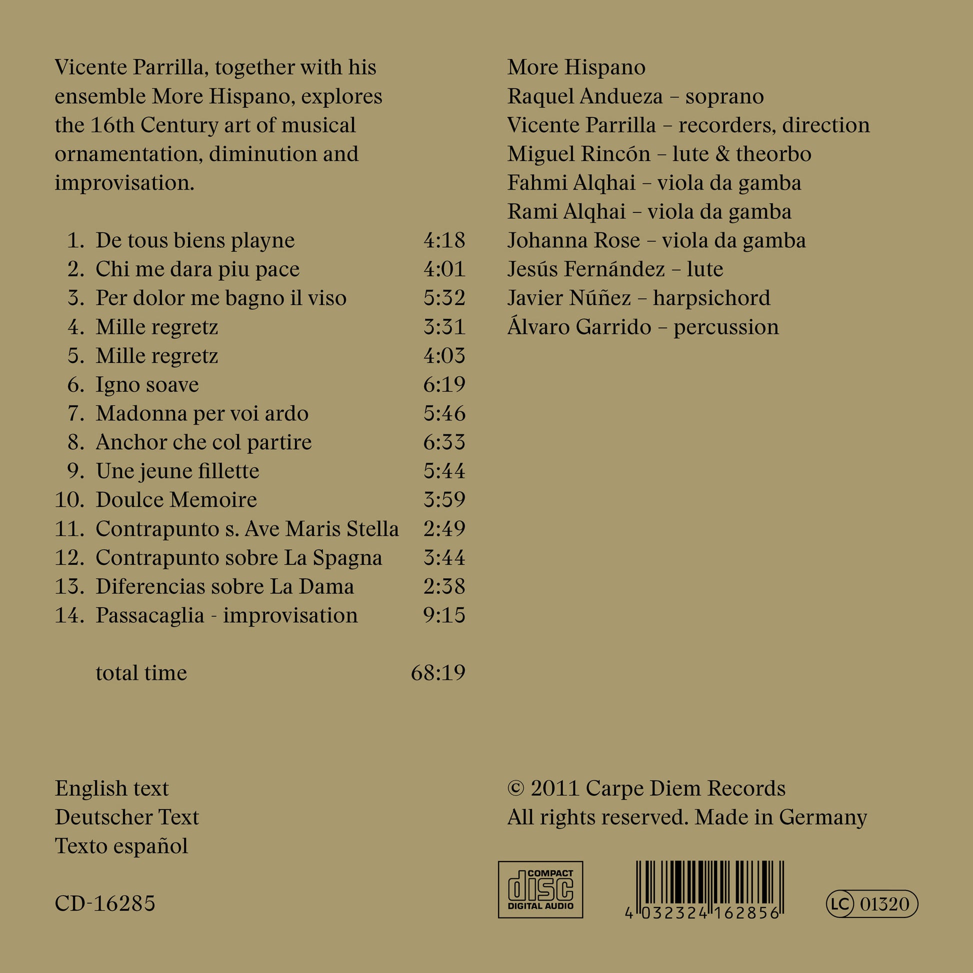 album back cover of Glosas by More Hispano and Vicente Parrilla