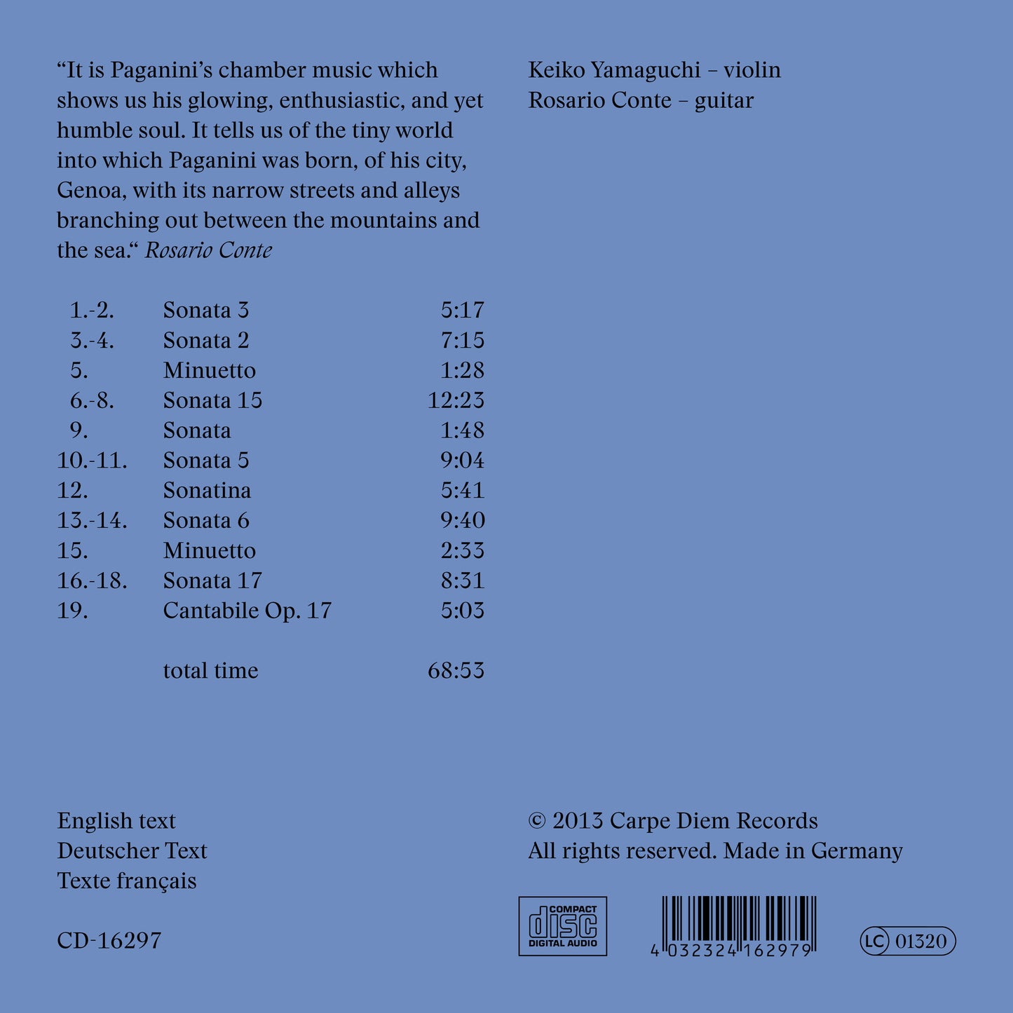 album backcover of La Lanterna Magica by Keiko Yamaguchi (violin) and Rosario Conte (guitar)