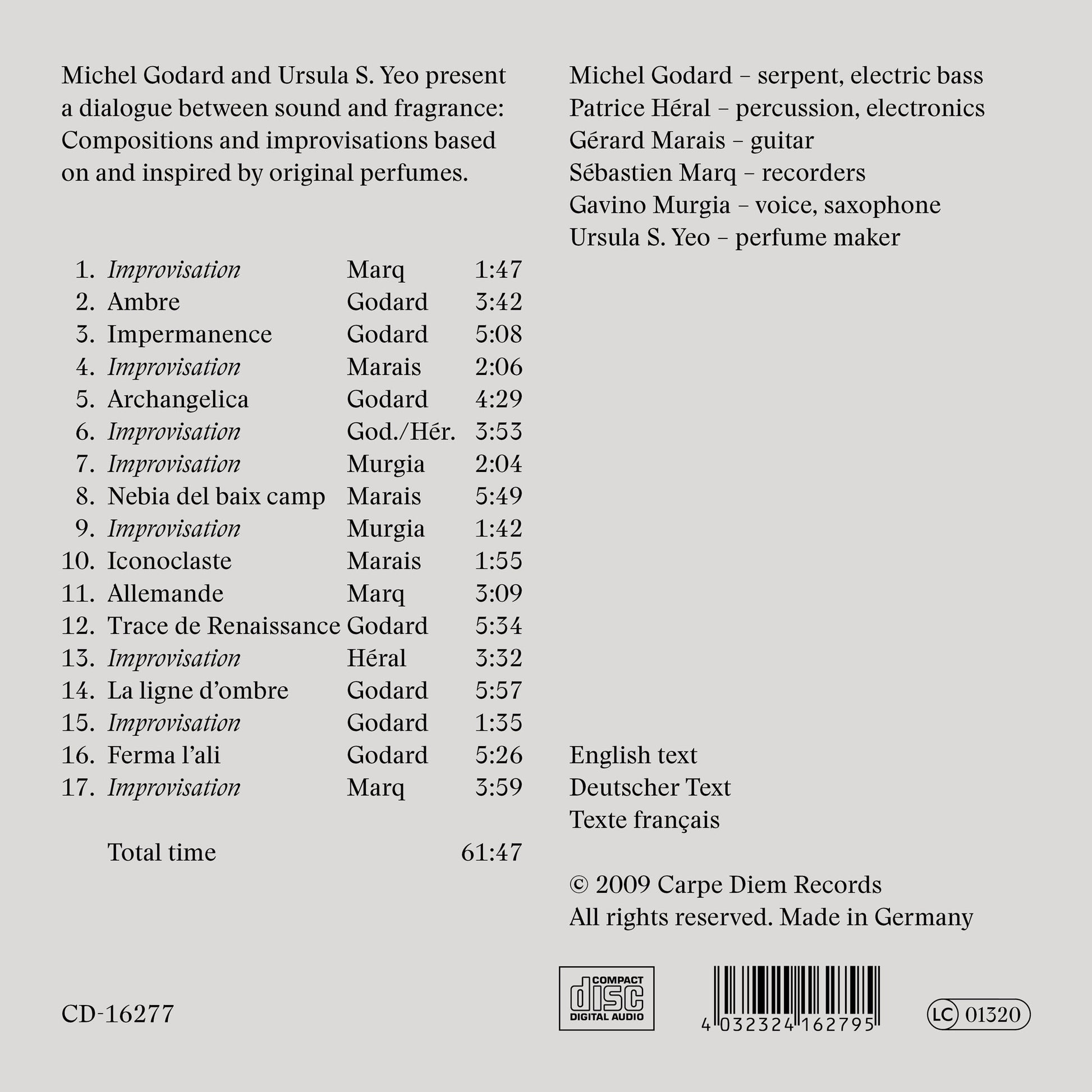 Album back cover of "Le concert des parfums" by Michel Godard, saying "Michel Godard and Ursula S. Yeo present a dialogue between sound and fragrance: Compositions and improvisations based on and inspired by original perfumes". 