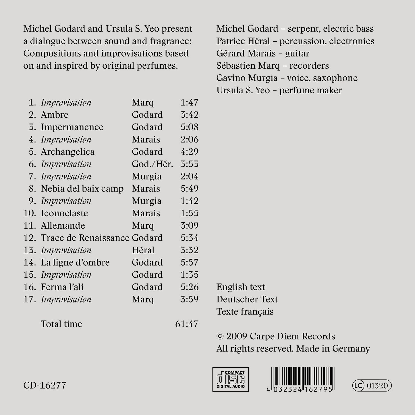 album backcover of Le concert des parfums by Michel Godard