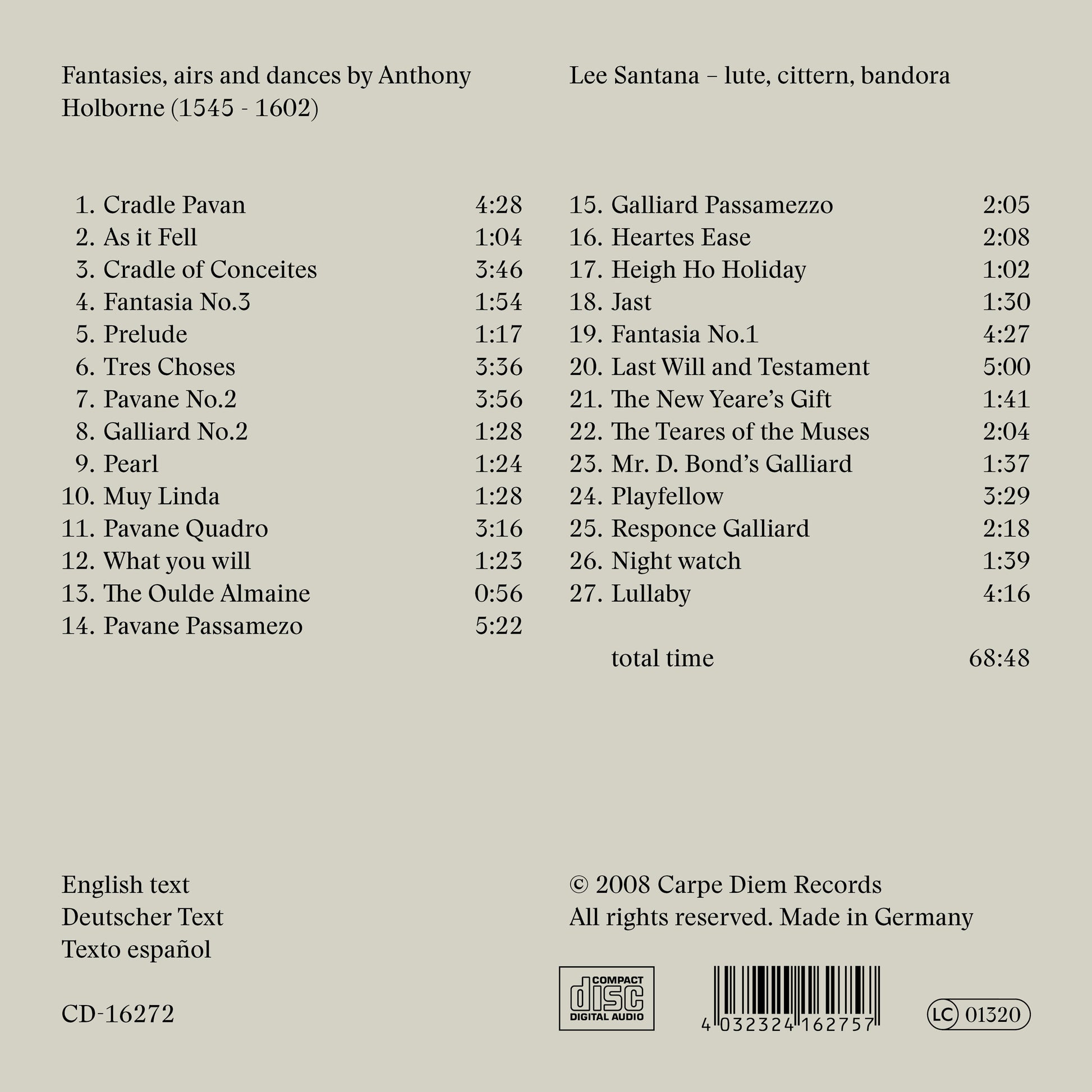 album backcover of Cradle of Conceits by Lee Santana (lute)