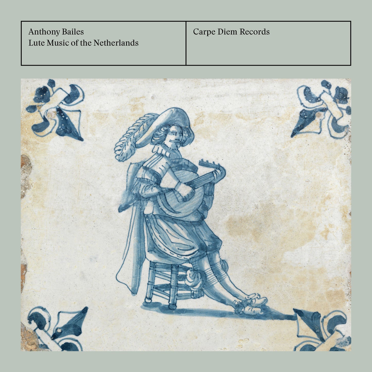 Album cover of "Lute music of the Netherlands" by Anthony Bailes showing an antique Dutch ceramic tile with a picture of a lutenist