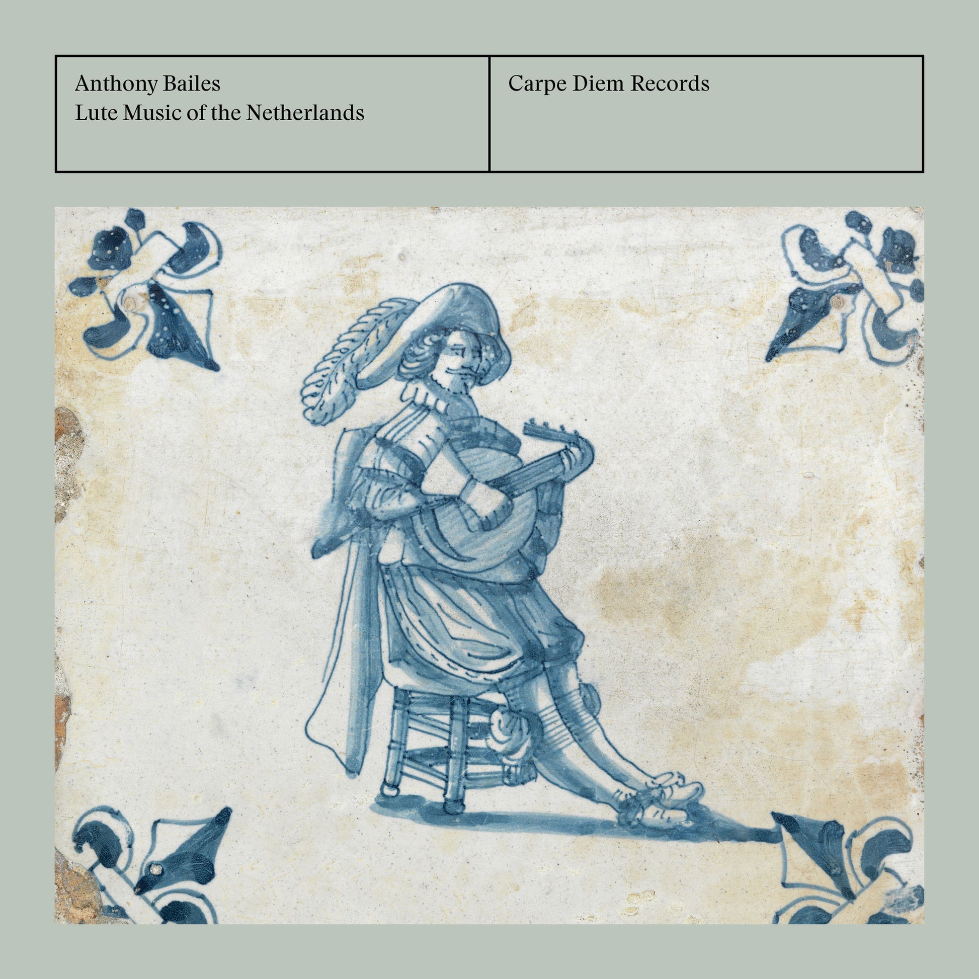 Album cover of "Lute music of the Netherlands" by Anthony Bailes showing an antique Dutch ceramic tile with a picture of a lutenist