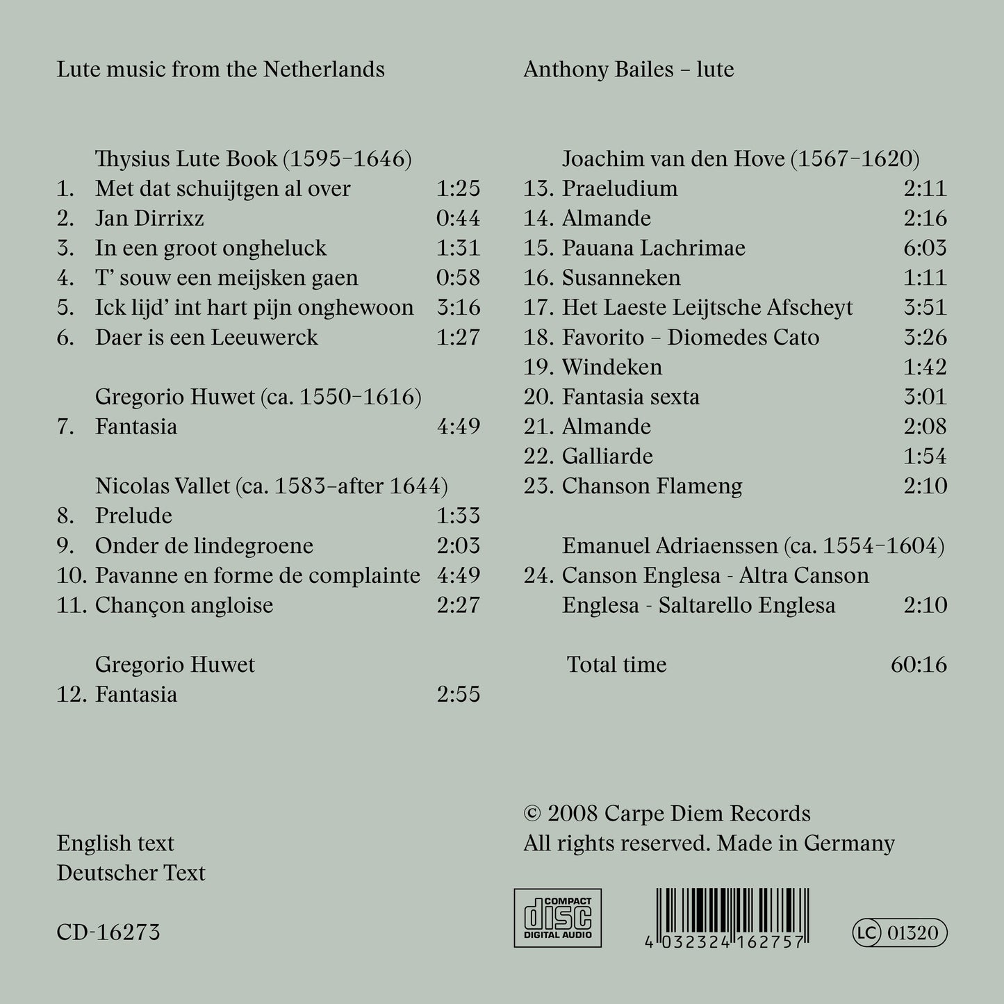 album backcover of Lute music of the Netherlands by Anthony Bailes (lute)