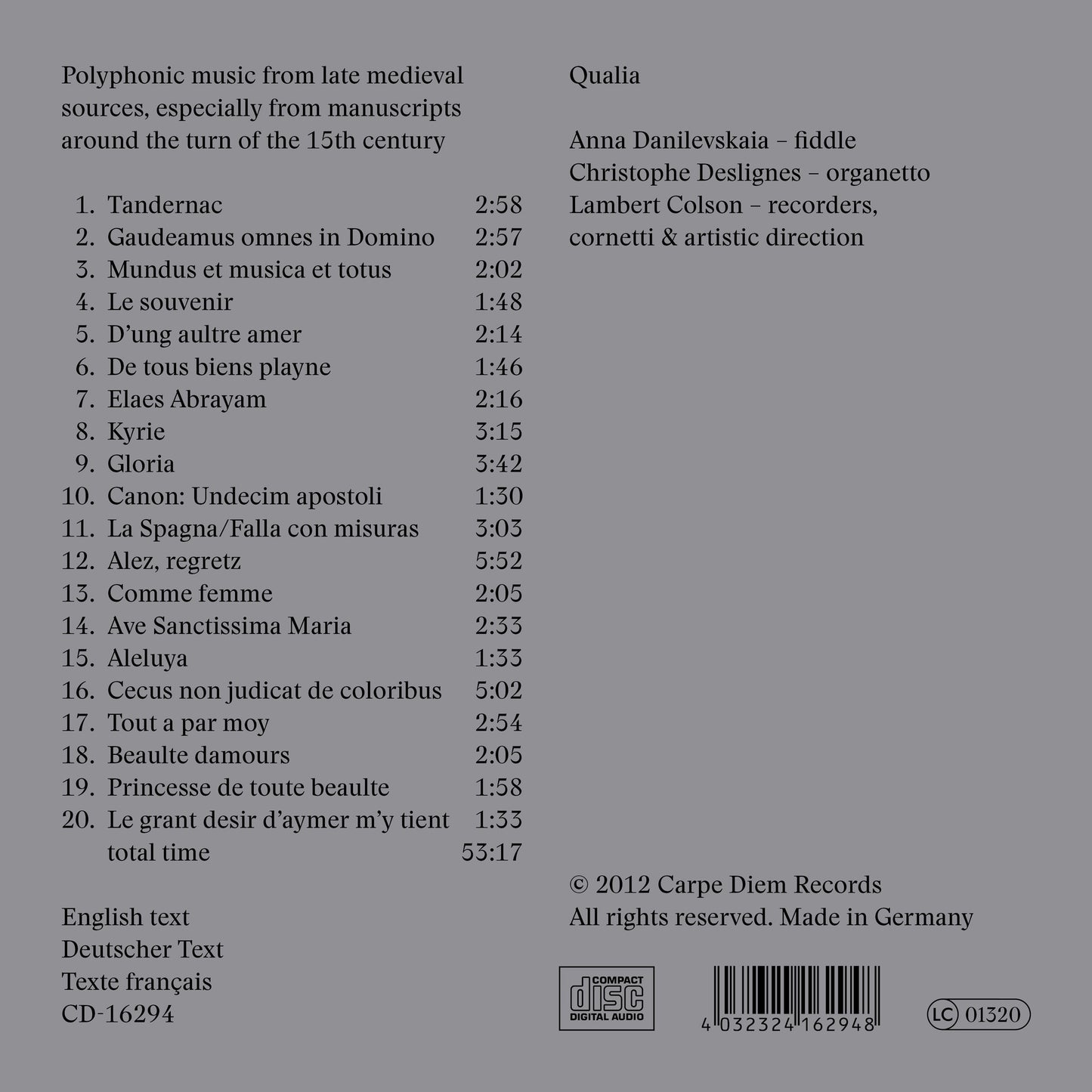 album backcover of mundus et musica by Ensemble Qualia (Lambert Colson - Anna Danilevskaia - Christophe Deslignes)