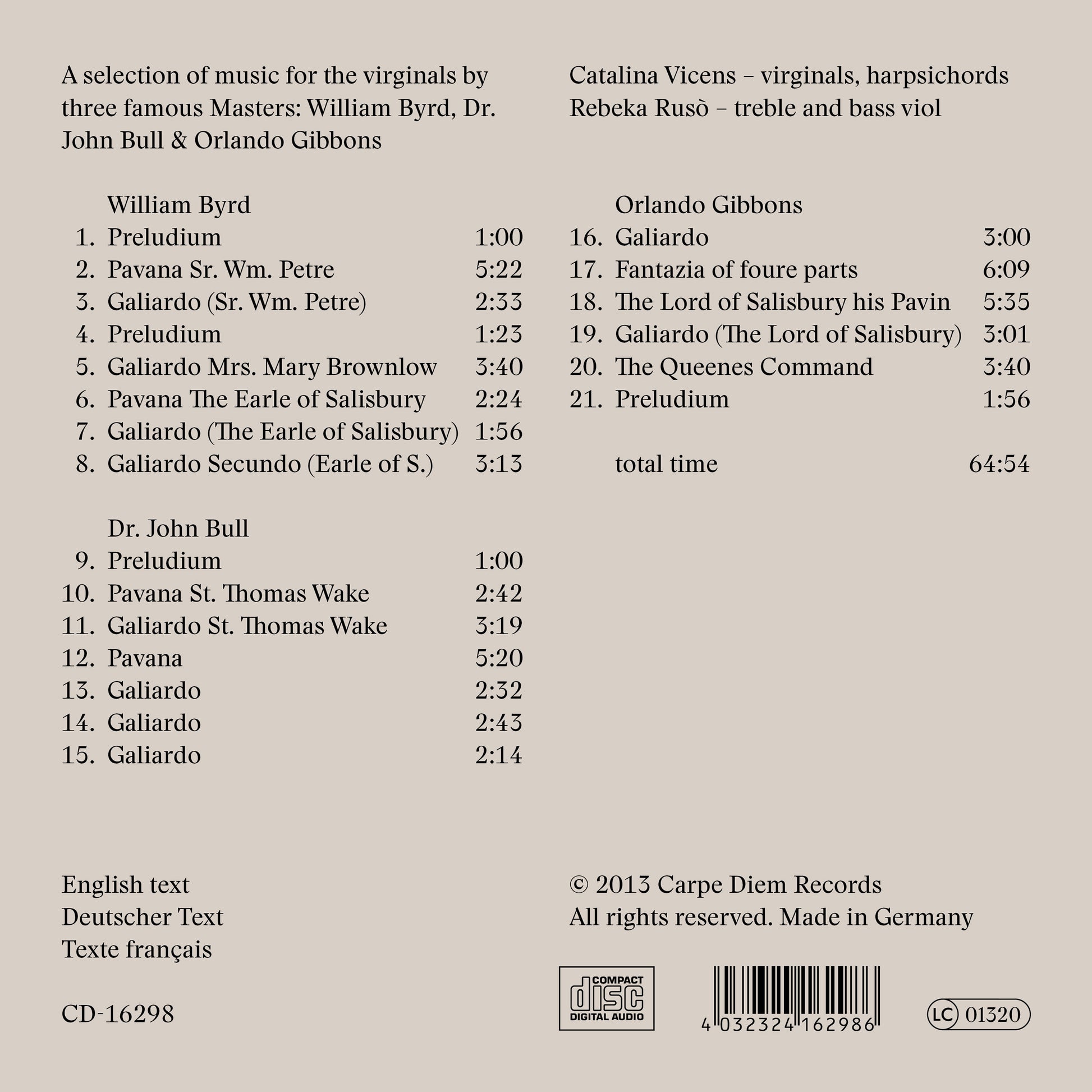 album backcover of Parthenia by Catalina Vicens (harpsichord)