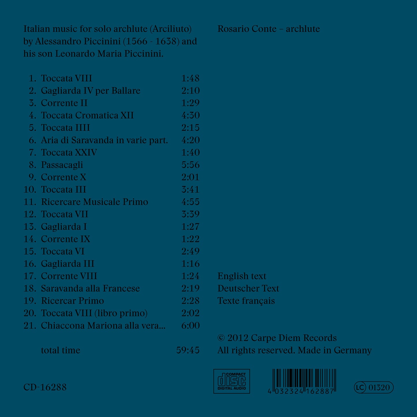 album backcover of Piccinini by Rosario Conte (archlute)