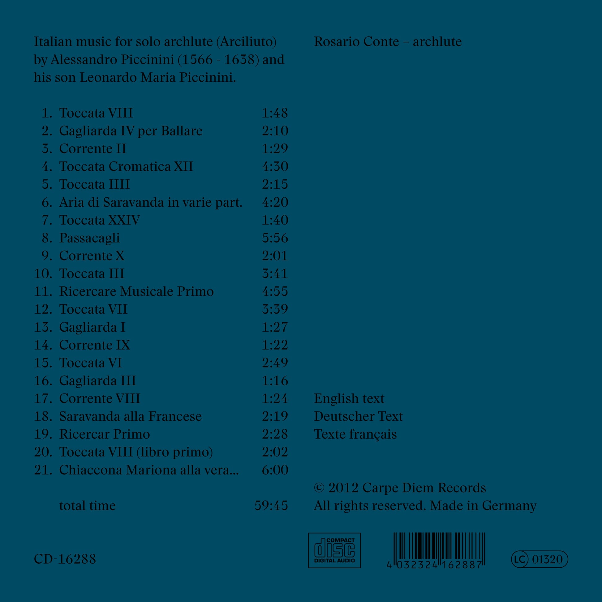 album backcover of Piccinini by Rosario Conte (archlute)