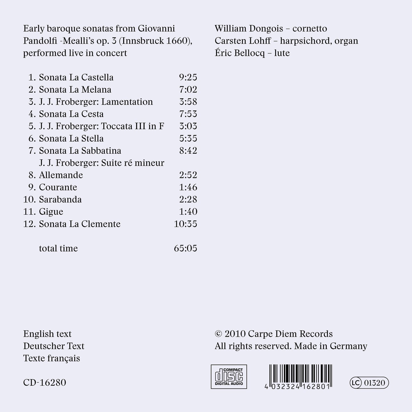 album backcover of Style Fantastique by Le Concert Bris & William Dongois (cornetto)