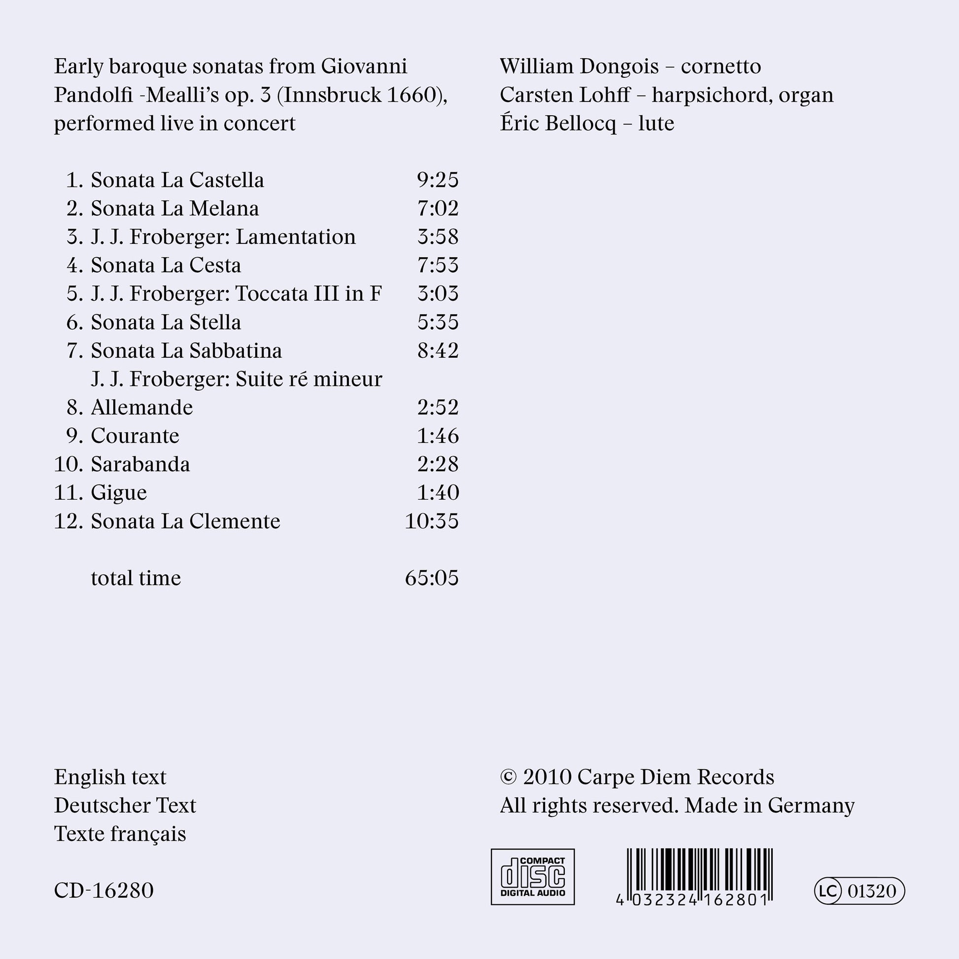 album backcover of Style Fantastique by Le Concert Bris & William Dongois (cornetto)