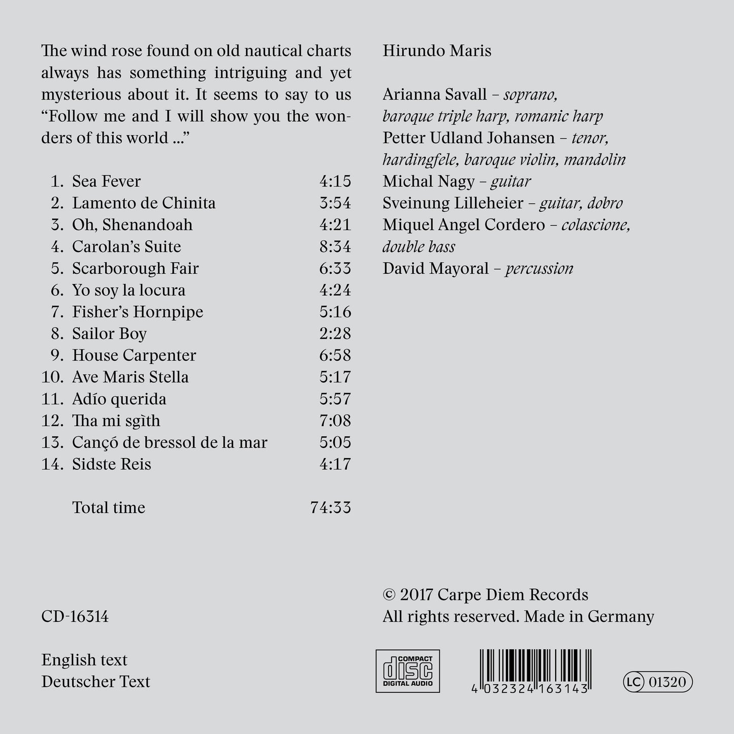 album backcover of The Wind Rose by Arianna Savall and ensemble Hirundo Maris