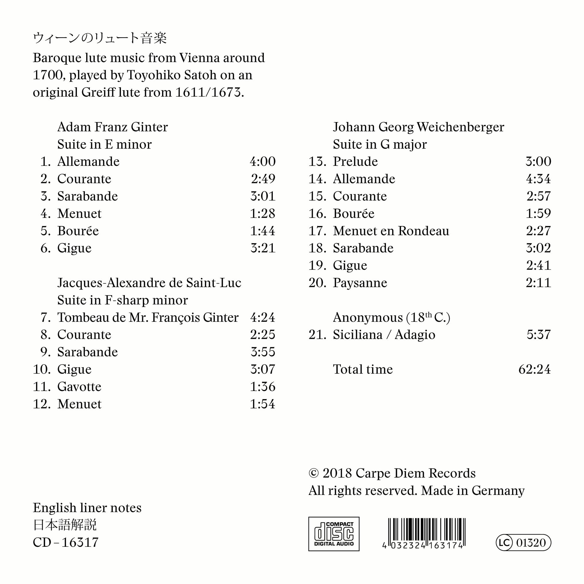 album backcover of Viennese Lute Music by Toyohiko Satoh