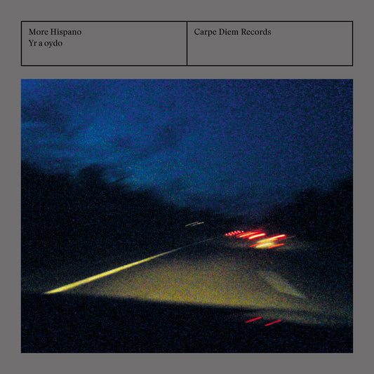 Album cover of "Yr a oydo" by More Hispano (Vicente Parrilla) & Raquel Andueza, showing gloomy car lights on a highway at night